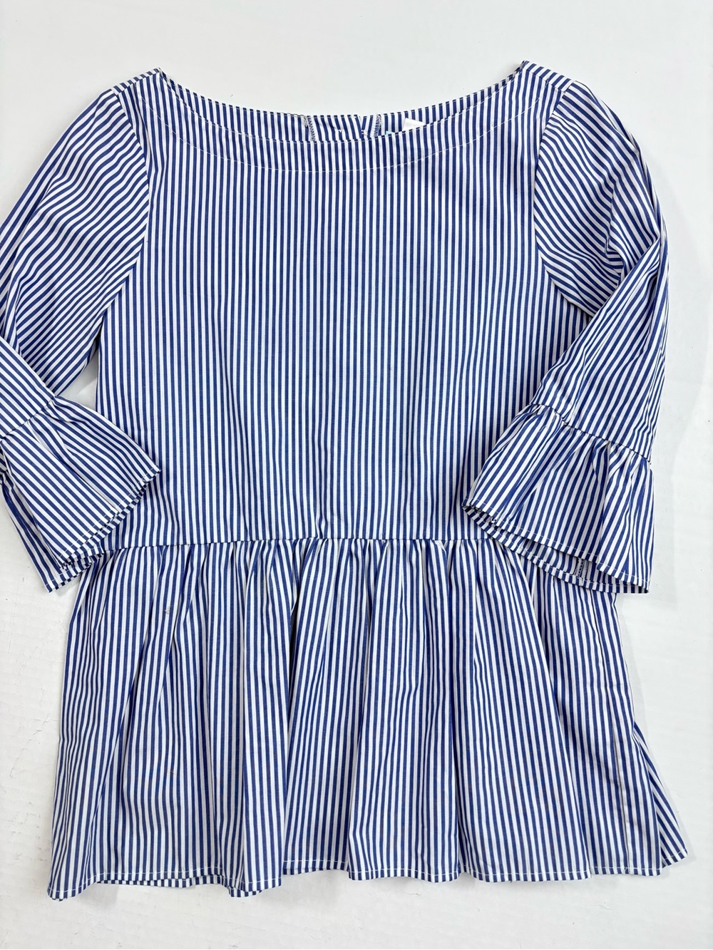 Preppy Peplum Striped Blue and White Ruffle-Sleeve Peplum Tunic Women's XS